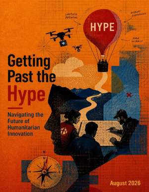 Illustration of a antique-style compass set against an orange grid background, serving as the cover for the 'Getting Past the Hype' humanitarian report.